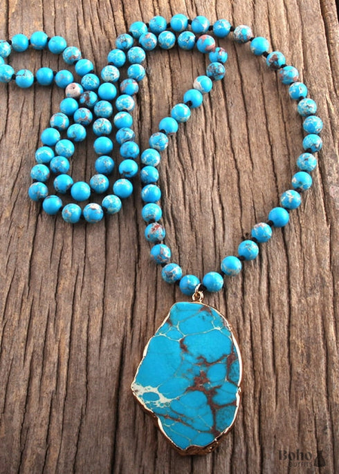 Boho Necklace, RH Turquoise Natural Stone in Blue and Green